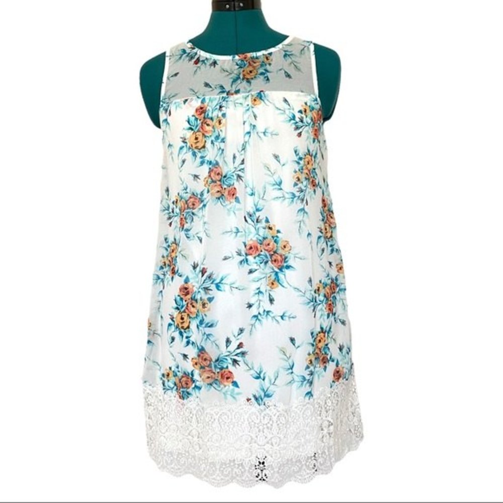 White Floral Sleeveless Mini Shift Dress Womens XS Lace Hem & Lined